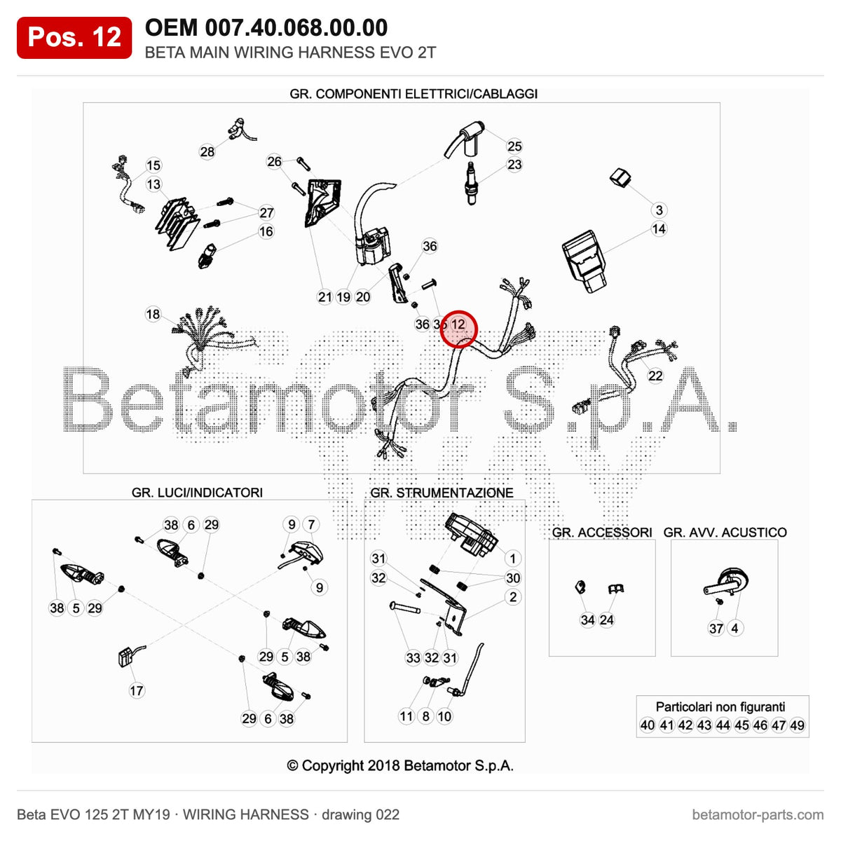 BETA MAIN WIRING HARNESS EVO 2T – OEM 007.40.068.00.00, position 12 on the Beta EVO 125 2T MY19 wiring harness drawing