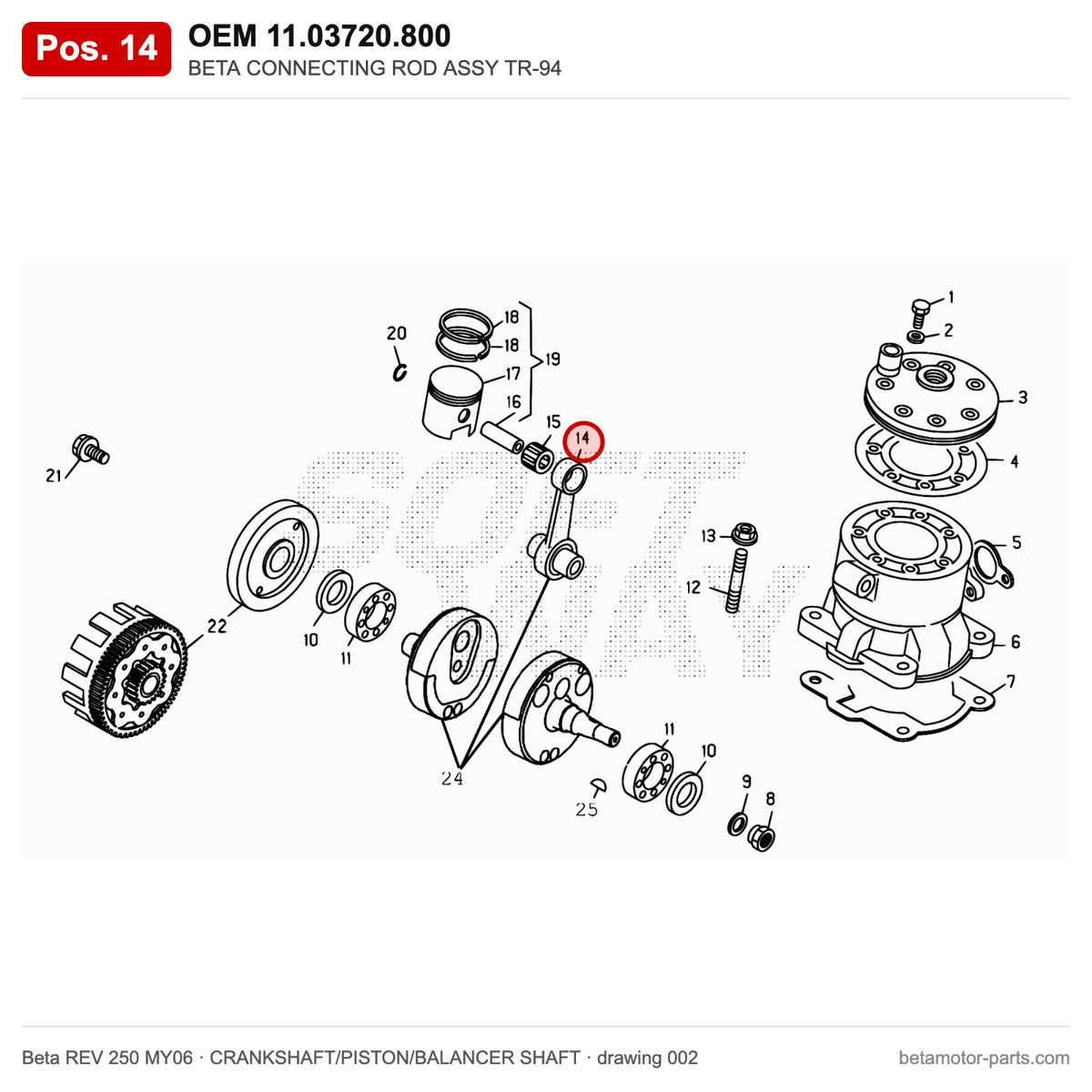 BETA CONNECTING ROD ASSY TR-94 – OEM 11.03720.800, position 14 on the Beta REV 250 MY06 crankshaft/piston/balancer shaft drawing