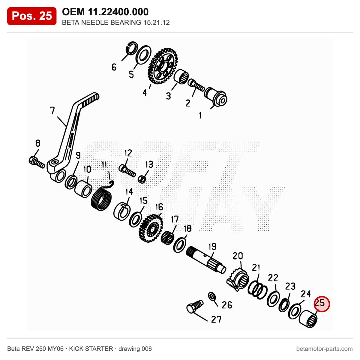 BETA NEEDLE BEARING 15.21.12 – OEM 11.22400.000, position 25 on the Beta REV 250 MY06 kick starter drawing