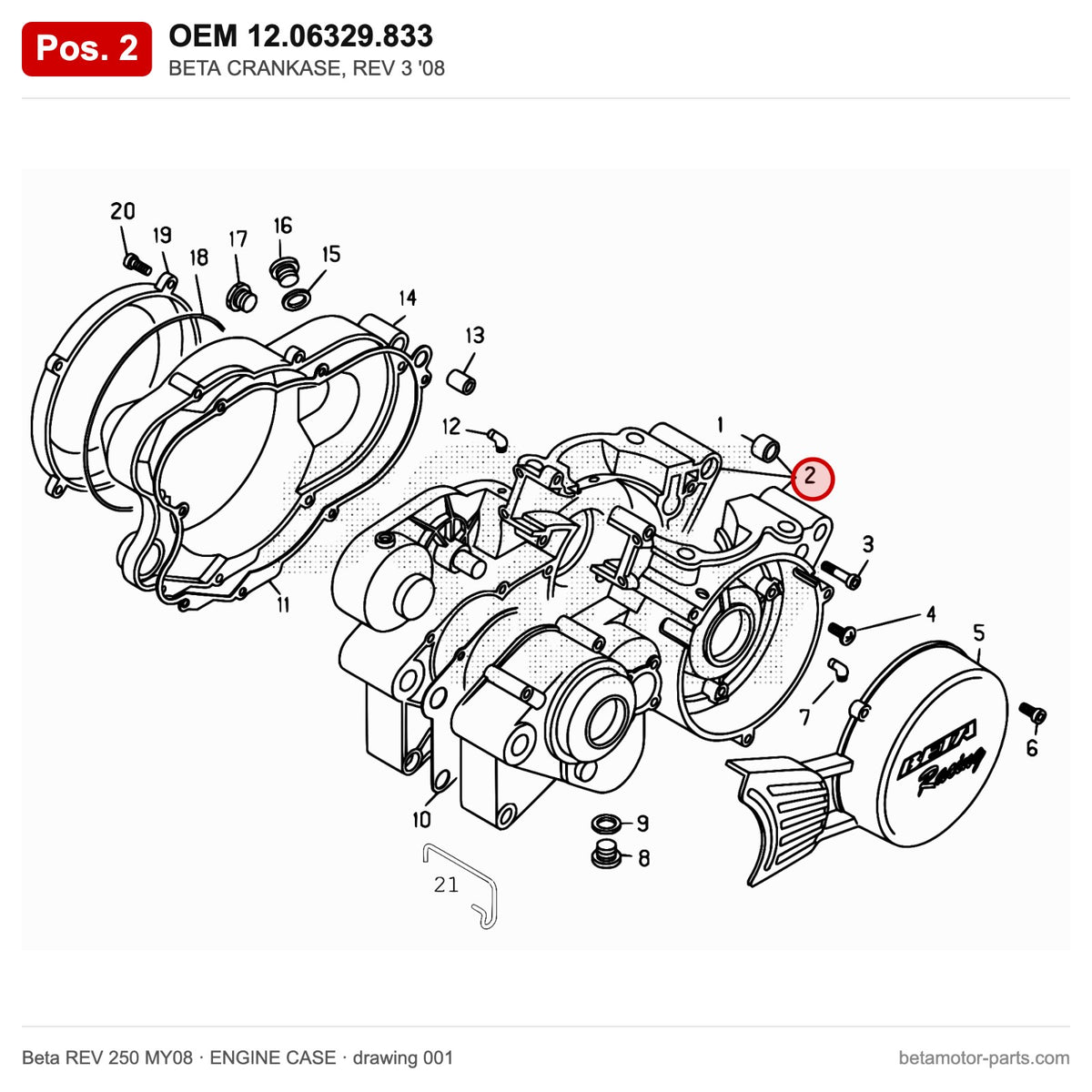 BETA CRANKASE, REV 3 '08 – OEM 12.06329.833, position 2 on the Beta REV 250 MY08 engine case drawing