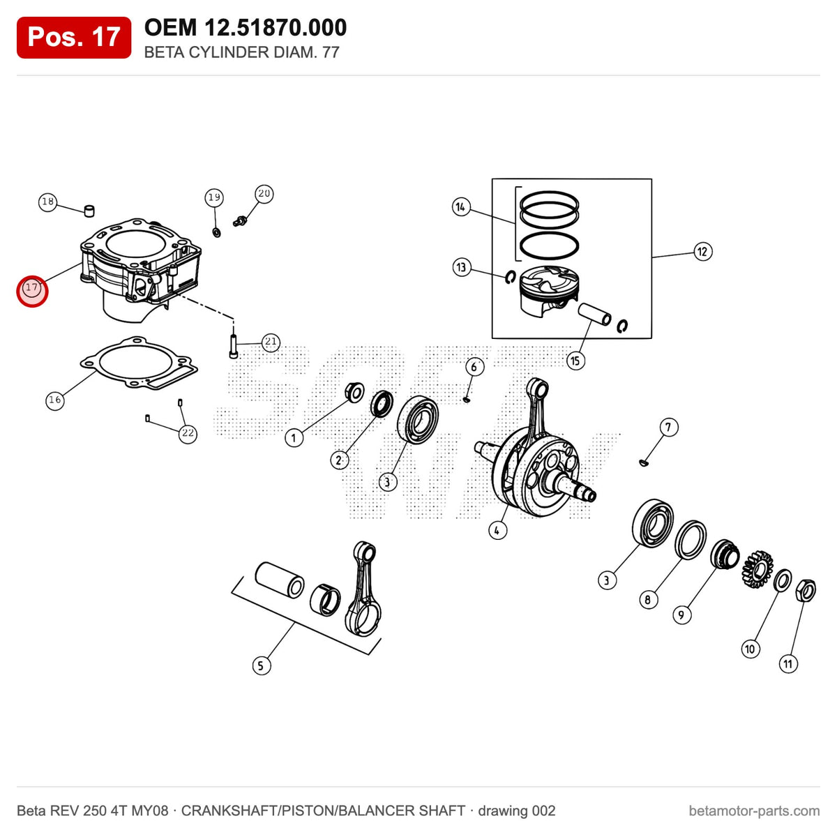BETA CYLINDER DIAM. 77 – OEM 12.51870.000, position 17 on the Beta REV 250 4T MY08 crankshaft/piston/balancer shaft drawing