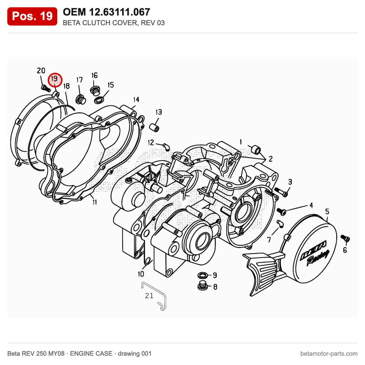 BETA CLUTCH COVER, REV 03 – OEM 12.63111.067, position 19 on the Beta REV 250 MY08 engine case drawing