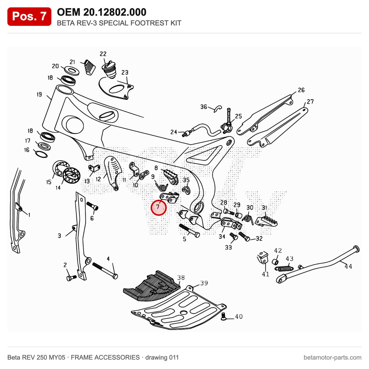 BETA REV-3 SPECIAL FOOTREST KIT – OEM 20.12802.000, position 7 on the Beta REV 250 MY05 frame accessories drawing