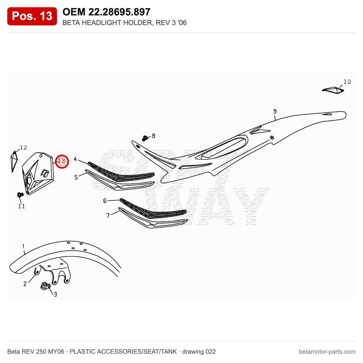 BETA HEADLIGHT HOLDER, REV 3 '06 – OEM 22.28695.897, position 13 on the Beta REV 250 MY06 plastic accessories/seat/tank drawing