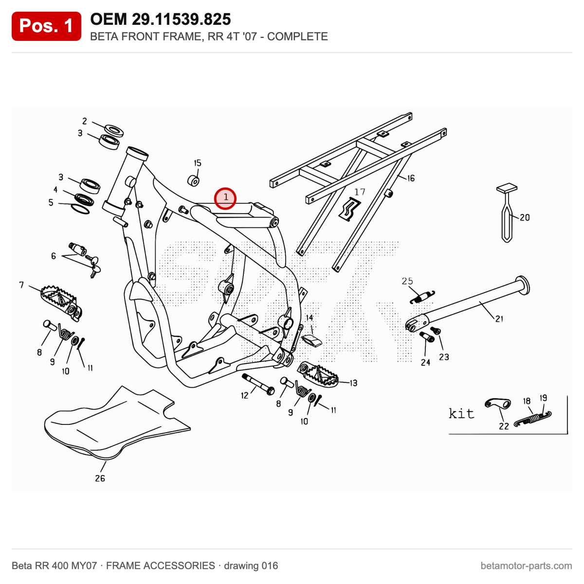 BETA FRONT FRAME, RR 4T '07 - COMPLETE – OEM 29.11539.825, position 1 on the Beta RR 400 MY07 frame accessories drawing