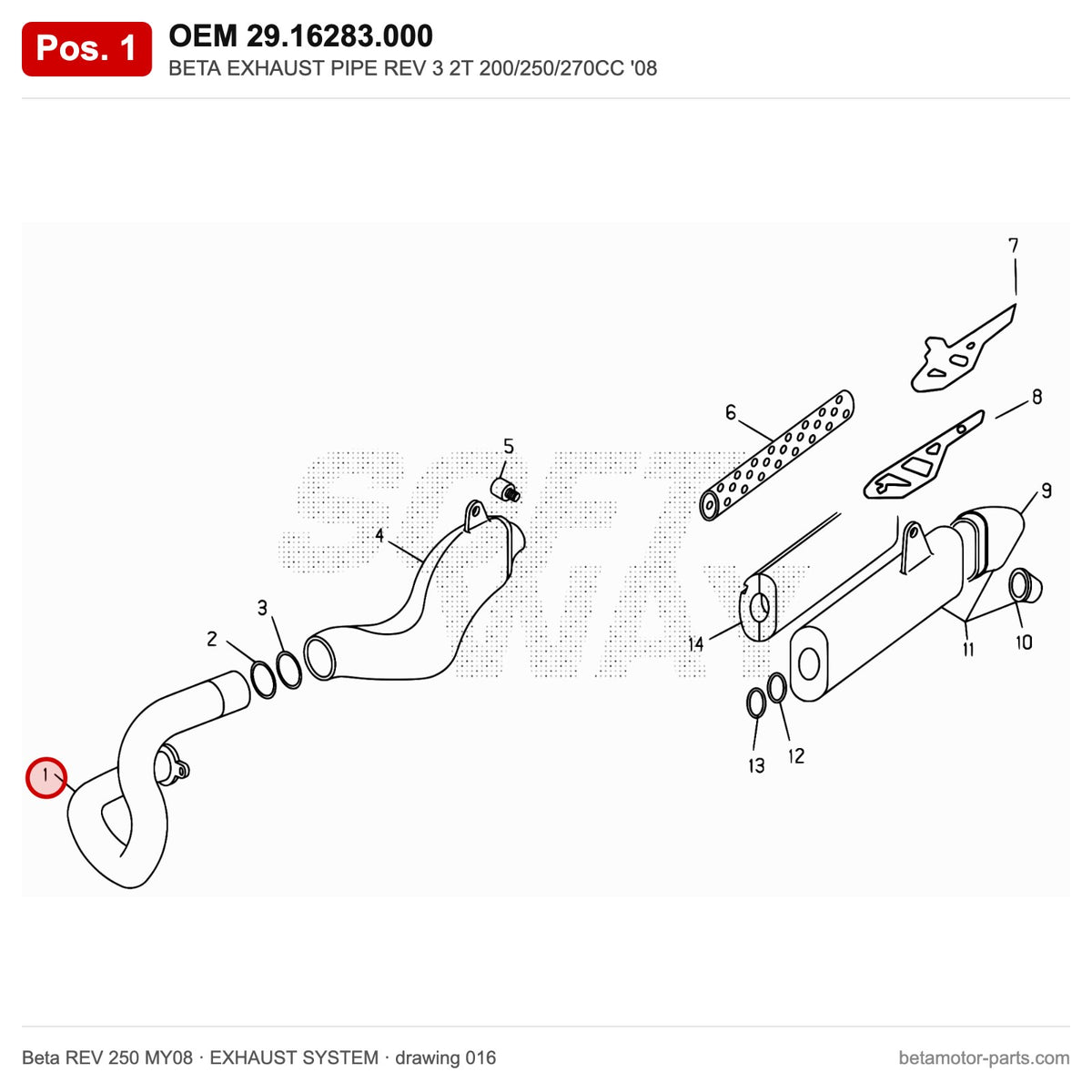 BETA EXHAUST PIPE REV 3 2T 200/250/270CC '08 – OEM 29.16283.000, position 1 on the Beta REV 250 MY08 exhaust system drawing