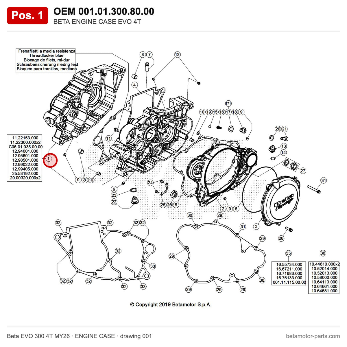 BETA ENGINE CASE EVO 4T – OEM 001.01.300.80.00, position 1 on the Beta EVO 300 4T MY26 engine case drawing