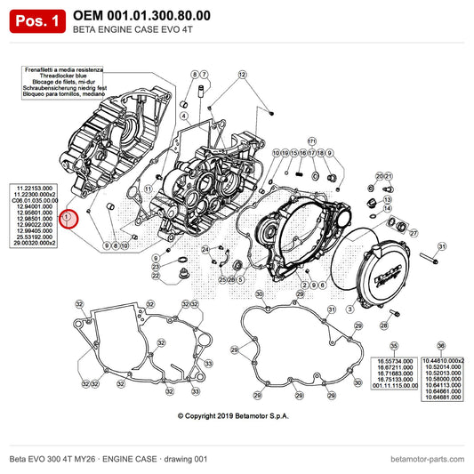 BETA ENGINE CASE EVO 4T – OEM 001.01.300.80.00, position 1 on the Beta EVO 300 4T MY26 engine case drawing