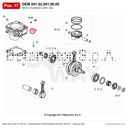 BETA CYLINDER CMPL D84 – OEM 001.02.001.80.00, position 17 on the Beta EVO 300 4T MY18 crankshaft/piston/balancer shaft drawing