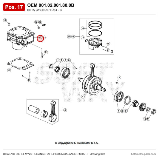 BETA CYLINDER D84 - B – OEM 001.02.001.80.0B, position 17 on the Beta EVO 300 4T MY26 crankshaft/piston/balancer shaft drawing