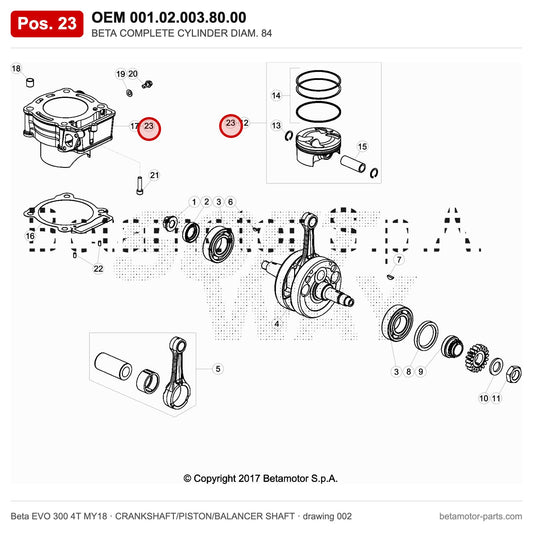BETA COMPLETE CYLINDER DIAM. 84 – OEM 001.02.003.80.00, position 23 on the Beta EVO 300 4T MY18 crankshaft/piston/balancer shaft drawing