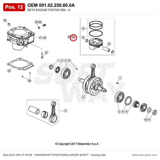 BETA ENGINE PISTON D84 - A – OEM 001.02.250.80.0A, position 12 on the Beta EVO 300 4T MY26 crankshaft/piston/balancer shaft drawing