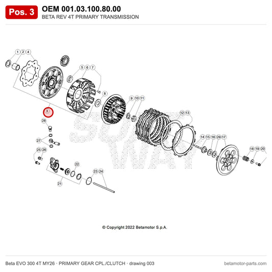 BETA REV 4T PRIMARY TRANSMISSION – OEM 001.03.100.80.00, position 3 on the Beta EVO 300 4T MY26 primary gear cpl./clutch drawing