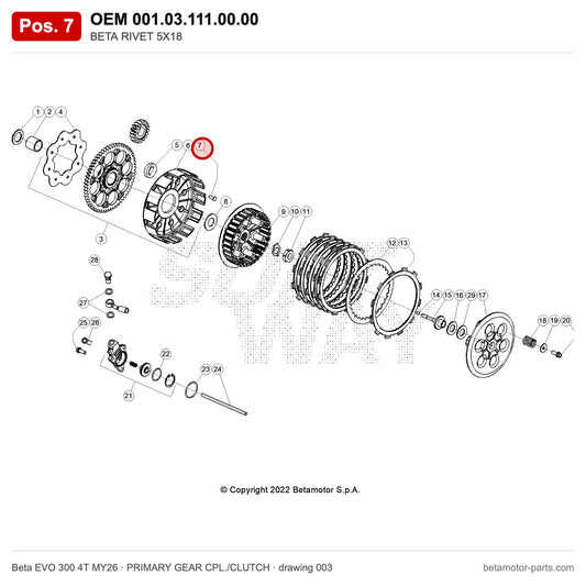 BETA RIVET 5X18 – OEM 001.03.111.00.00, position 7 on the Beta EVO 300 4T MY26 primary gear cpl./clutch drawing