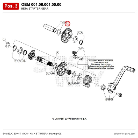 BETA STARTER GEAR – OEM 001.06.001.00.00, position 3 on the Beta EVO 300 4T MY26 kick starter drawing