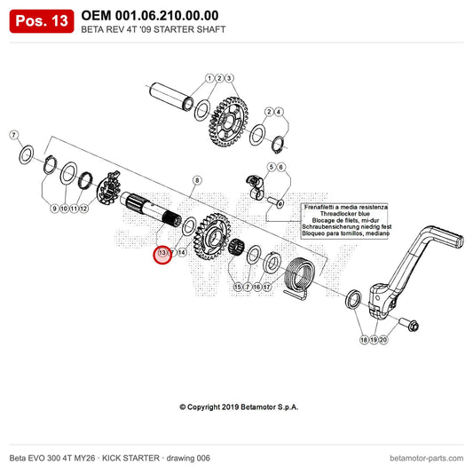 BETA REV 4T '09 STARTER SHAFT – OEM 001.06.210.00.00, position 13 on the Beta EVO 300 4T MY26 kick starter drawing