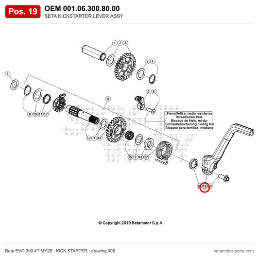 BETA KICKSTARTER LEVER ASSY – OEM 001.06.300.80.00, position 19 on the Beta EVO 300 4T MY26 kick starter drawing