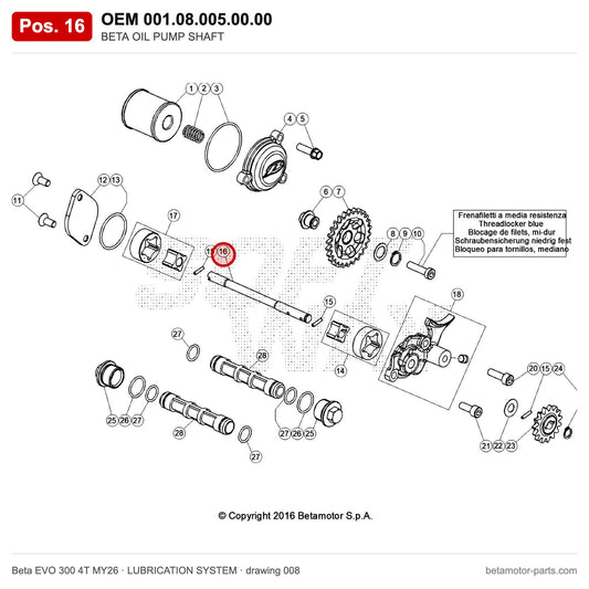 BETA OIL PUMP SHAFT – OEM 001.08.005.00.00, position 16 on the Beta EVO 300 4T MY26 lubrication system drawing