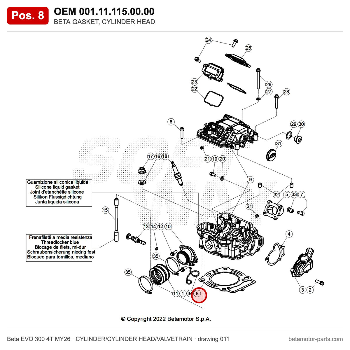 BETA GASKET, CYLINDER HEAD – OEM 001.11.115.00.00, position 8 on the Beta EVO 300 4T MY26 cylinder/cylinder head/valvetrain drawing