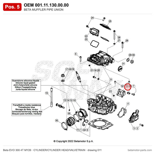 BETA MUFFLER PIPE UNION – OEM 001.11.130.00.00, position 5 on the Beta EVO 300 4T MY26 cylinder/cylinder head/valvetrain drawing