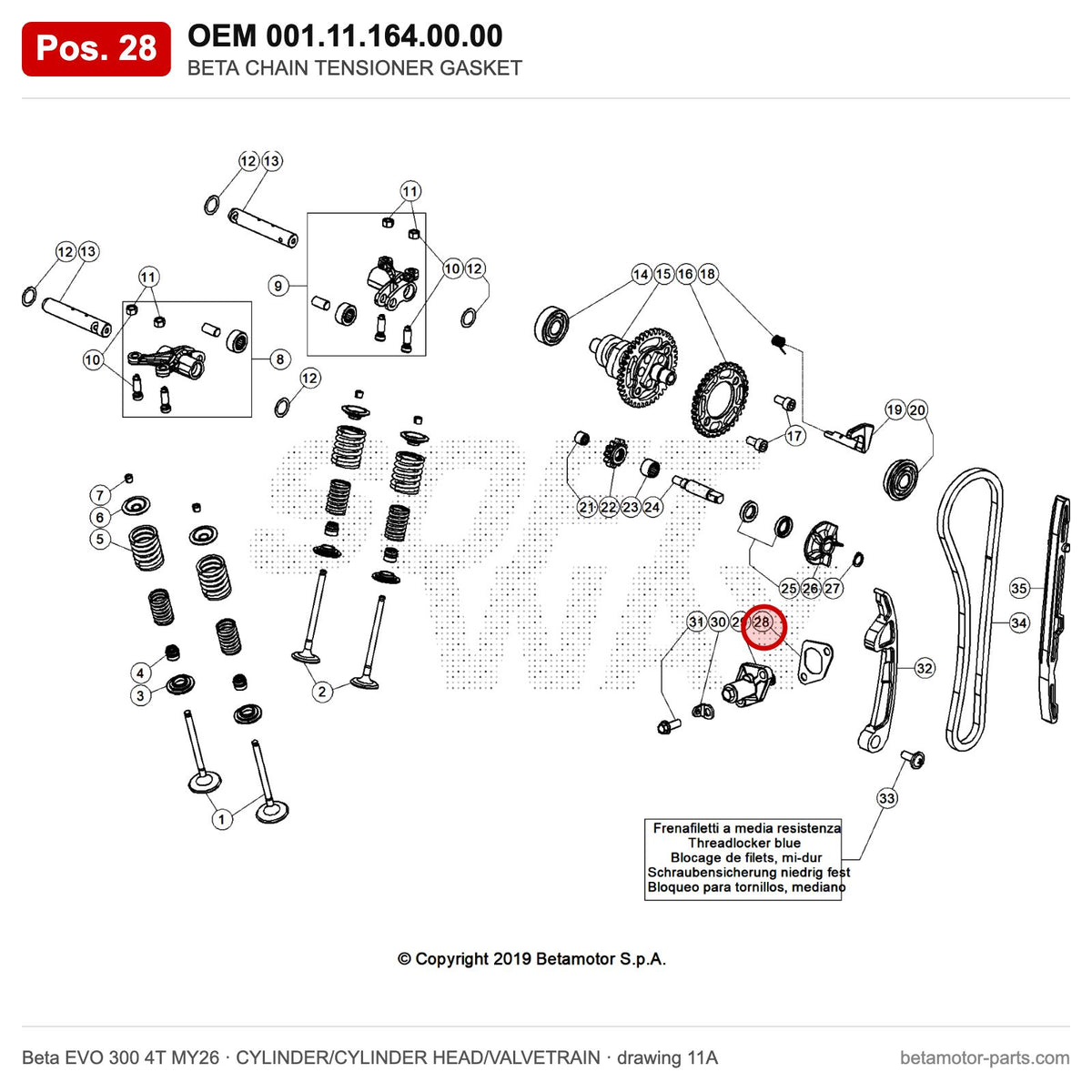 BETA CHAIN TENSIONER GASKET – OEM 001.11.164.00.00, position 28 on the Beta EVO 300 4T MY26 cylinder/cylinder head/valvetrain drawing