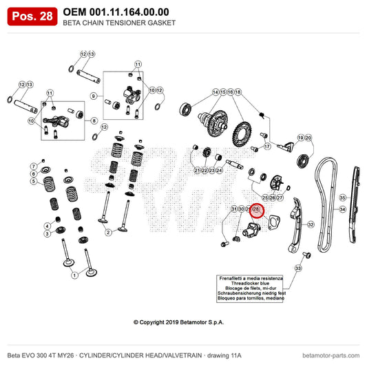 BETA CHAIN TENSIONER GASKET – OEM 001.11.164.00.00, position 28 on the Beta EVO 300 4T MY26 cylinder/cylinder head/valvetrain drawing