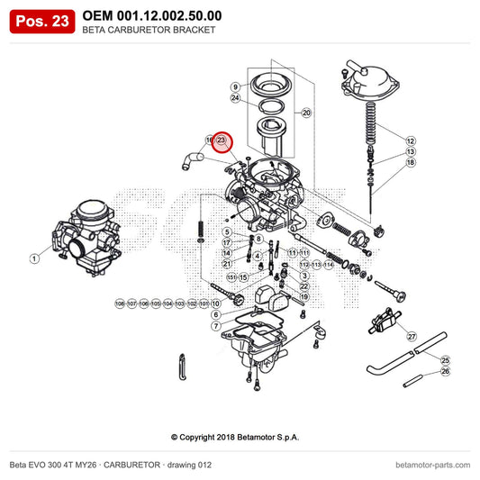 BETA CARBURETOR BRACKET – OEM 001.12.002.50.00, position 23 on the Beta EVO 300 4T MY26 carburetor drawing