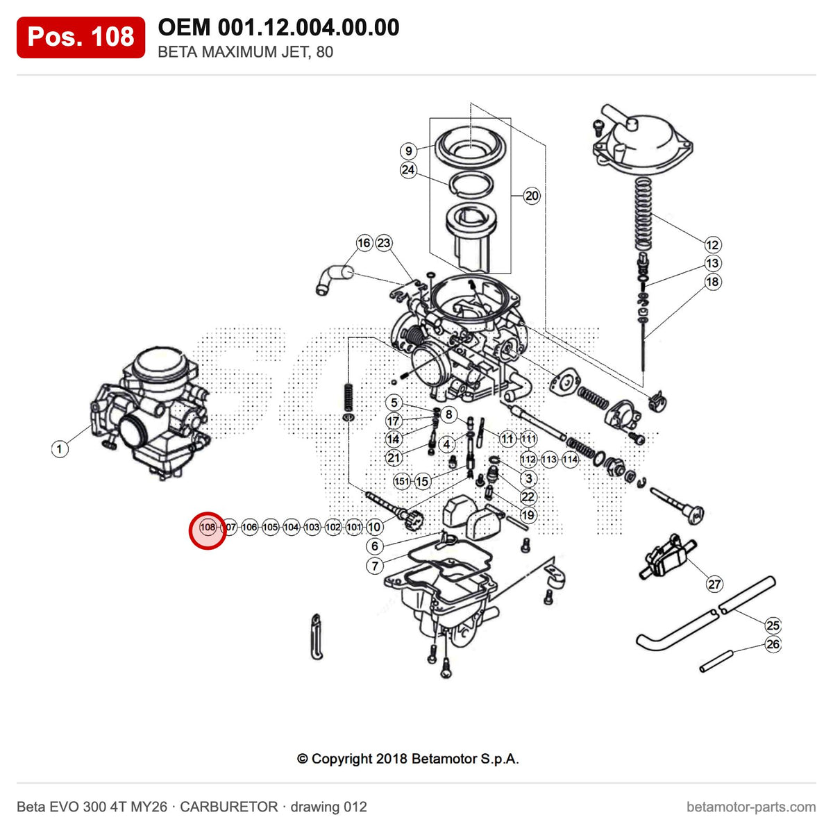 BETA MAXIMUM JET, 80 – OEM 001.12.004.00.00, position 108 on the Beta EVO 300 4T MY26 carburetor drawing