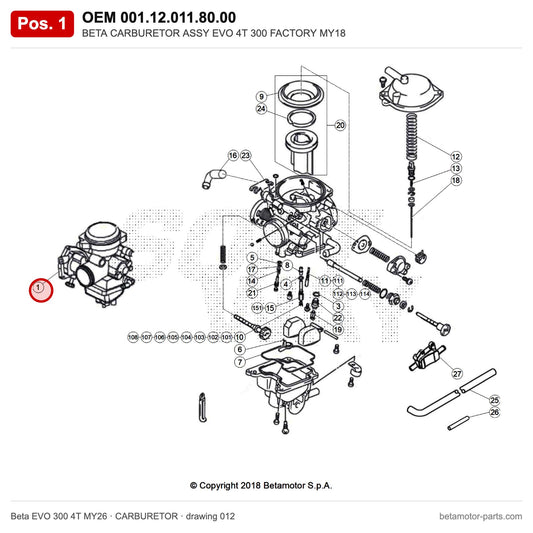 BETA CARBURETOR ASSY EVO 4T 300 FACTORY MY18 – OEM 001.12.011.80.00, position 1 on the Beta EVO 300 4T MY26 carburetor drawing