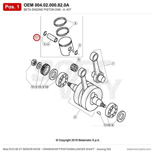 BETA ENGINE PISTON D48 - A -KIT – OEM 004.02.000.82.0A, position 1 on the Beta EVO 80 2T SENIOR MY26 crankshaft/piston/balancer shaft drawing