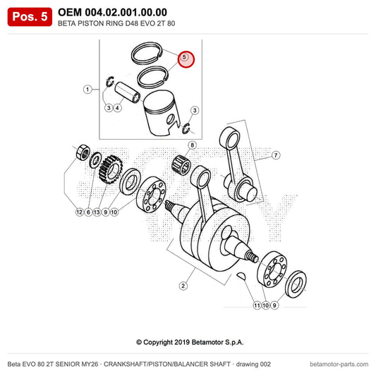 BETA PISTON RING D48 EVO 2T 80 – OEM 004.02.001.00.00, position 5 on the Beta EVO 80 2T SENIOR MY26 crankshaft/piston/balancer shaft drawing