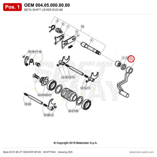 BETA SHIFT LEVER EVO-80 – OEM 004.05.000.00.00, position 1 on the Beta EVO 80 2T SENIOR MY26 shifting drawing