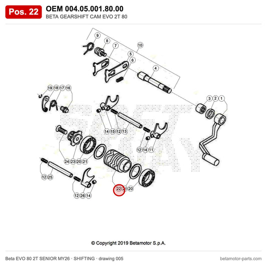 BETA GEARSHIFT CAM EVO 2T 80 – OEM 004.05.001.80.00, position 22 on the Beta EVO 80 2T SENIOR MY26 shifting drawing