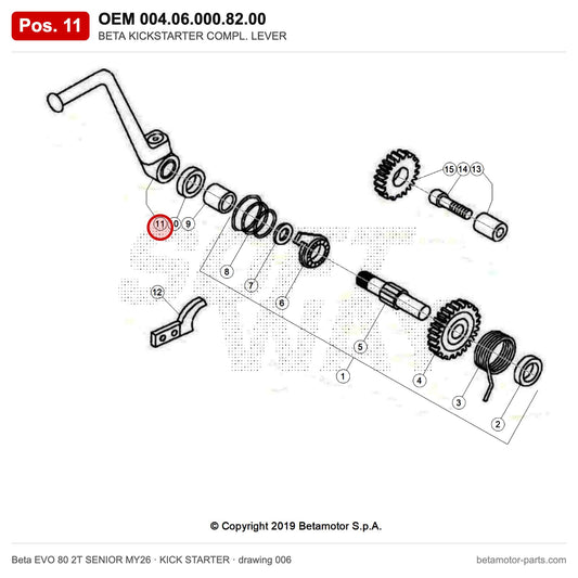 BETA KICKSTARTER COMPL. LEVER – OEM 004.06.000.82.00, position 11 on the Beta EVO 80 2T SENIOR MY26 kick starter drawing