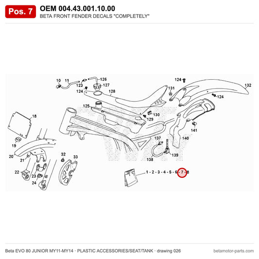 BETA FRONT FENDER DECALS "COMPLETELY" – OEM 004.43.001.10.00, position 7 on the Beta EVO 80 JUNIOR MY11-MY14 plastic accessories/seat/tank drawing
