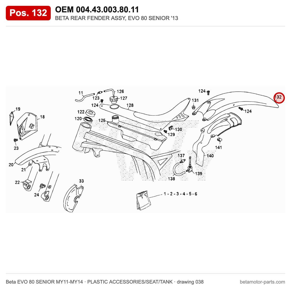 BETA REAR FENDER ASSY, EVO 80 SENIOR '13 – OEM 004.43.003.80.11, position 132 on the Beta EVO 80 SENIOR MY11-MY14 plastic accessories/seat/tank drawing