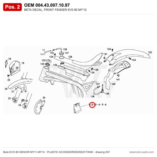 BETA DECAL, FRONT FENDER EV0 80 MY'12 – OEM 004.43.007.10.97, position 2 on the Beta EVO 80 SENIOR MY11-MY14 plastic accessories/seat/tank drawing
