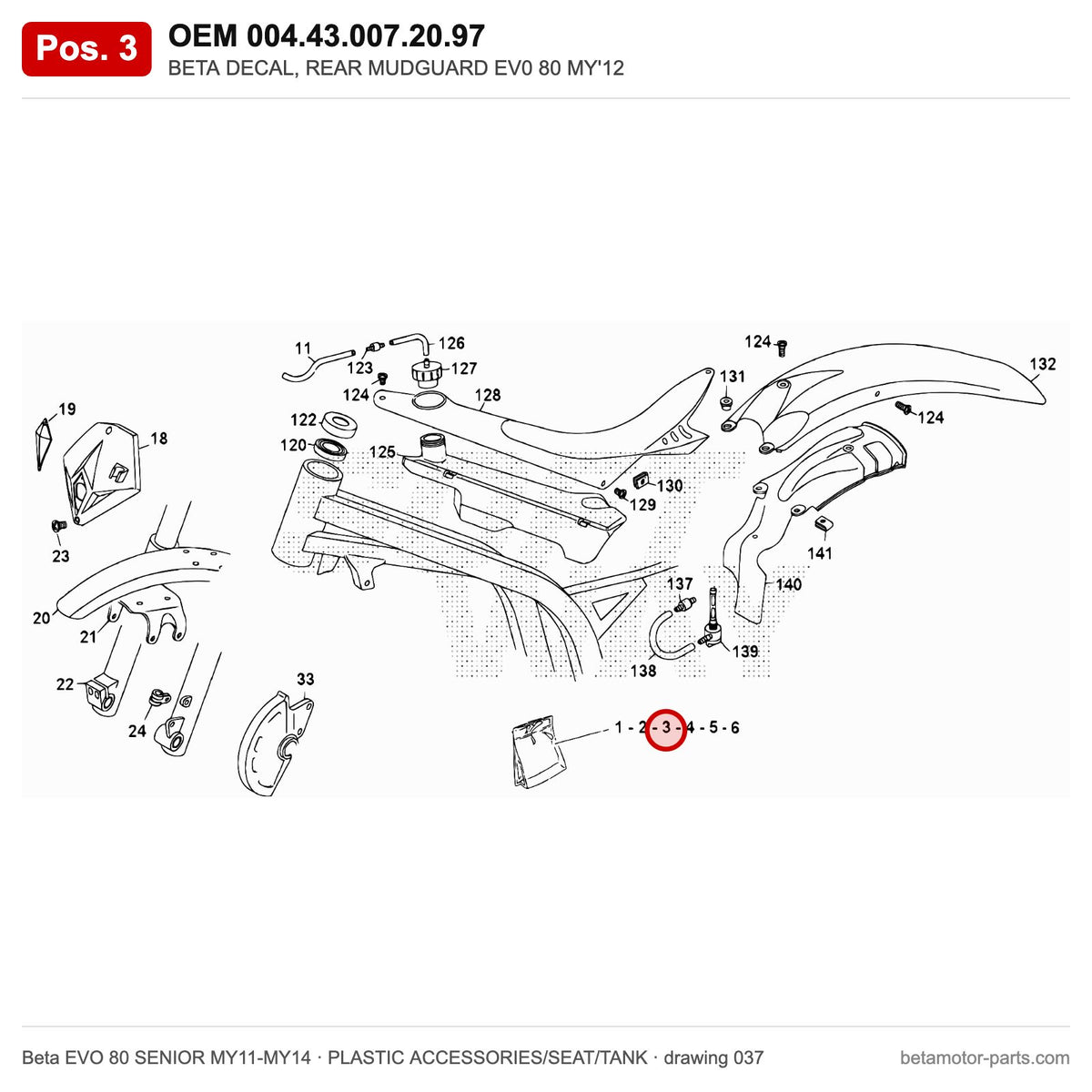 BETA DECAL, REAR MUDGUARD EV0 80 MY'12 – OEM 004.43.007.20.97, position 3 on the Beta EVO 80 SENIOR MY11-MY14 plastic accessories/seat/tank drawing
