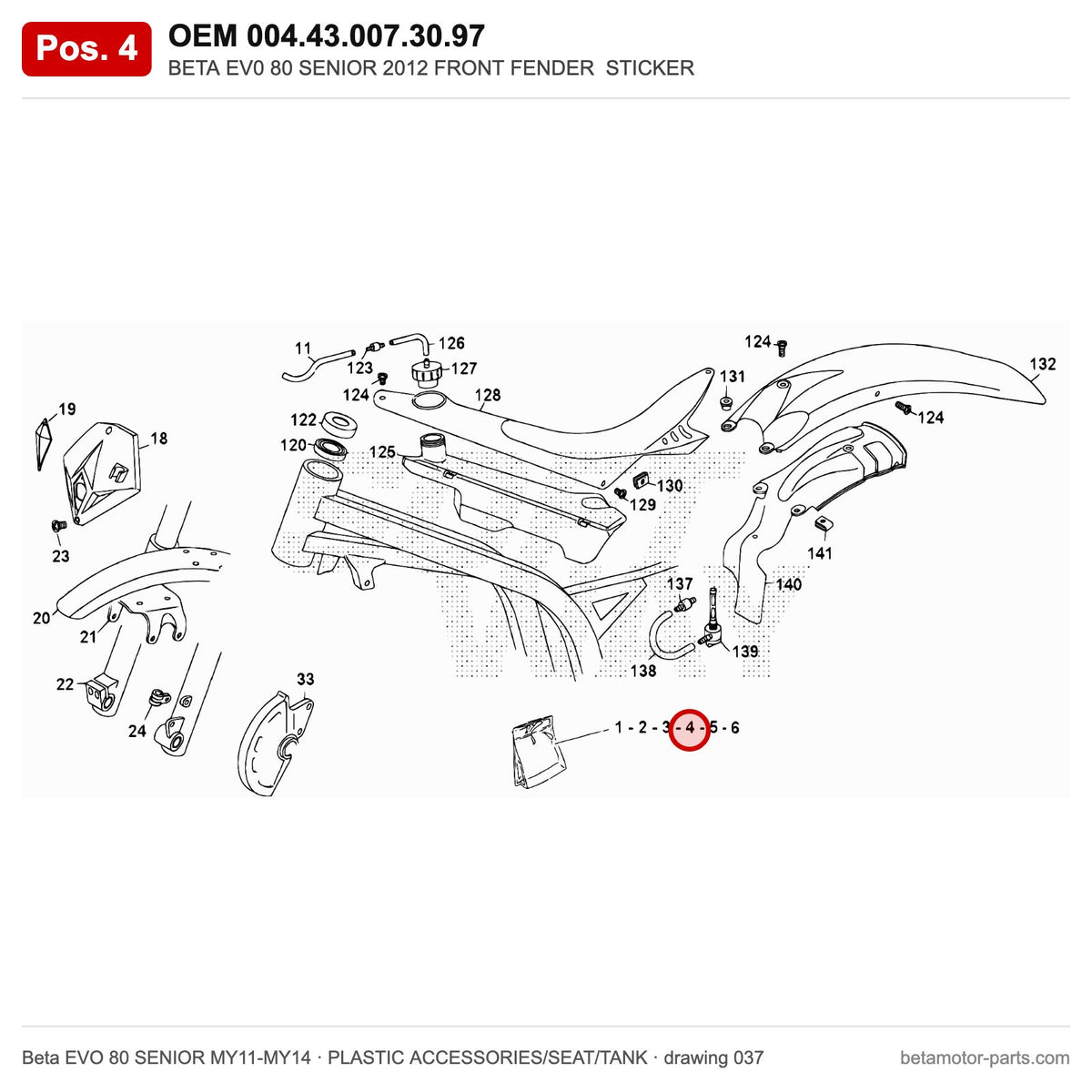 BETA EV0 80 SENIOR 2012 FRONT FENDER STICKER – OEM 004.43.007.30.97, position 4 on the Beta EVO 80 SENIOR MY11-MY14 plastic accessories/seat/tank drawing