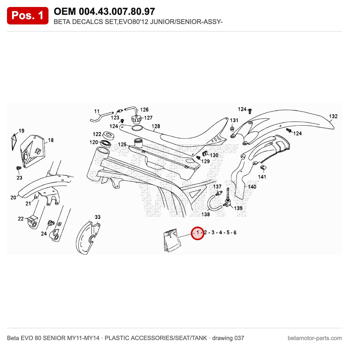 BETA DECALCS SET,EVO80'12 JUNIOR/SENIOR-ASSY- – OEM 004.43.007.80.97, position 1 on the Beta EVO 80 SENIOR MY11-MY14 plastic accessories/seat/tank drawing