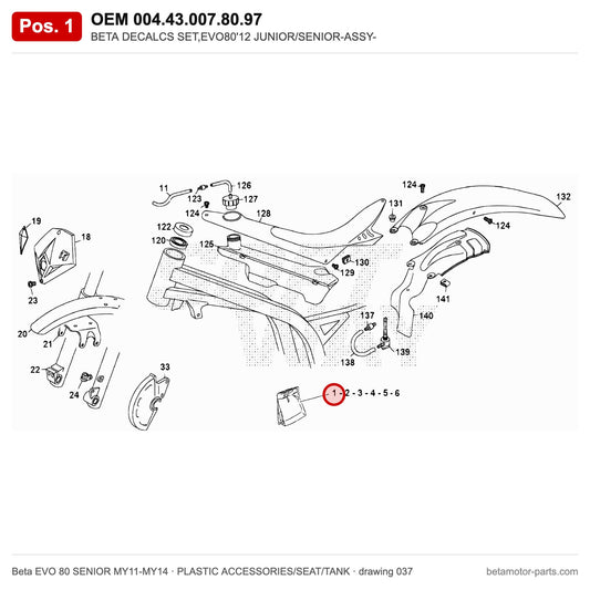 BETA DECALCS SET,EVO80'12 JUNIOR/SENIOR-ASSY- – OEM 004.43.007.80.97, position 1 on the Beta EVO 80 SENIOR MY11-MY14 plastic accessories/seat/tank drawing