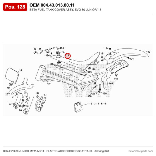 BETA FUEL TANK COVER ASSY, EVO 80 JUNIOR '13 – OEM 004.43.013.80.11, position 128 on the Beta EVO 80 JUNIOR MY11-MY14 plastic accessories/seat/tank drawing