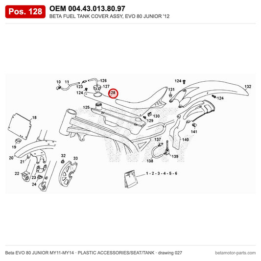 BETA FUEL TANK COVER ASSY, EVO 80 JUNIOR '12 – OEM 004.43.013.80.97, position 128 on the Beta EVO 80 JUNIOR MY11-MY14 plastic accessories/seat/tank drawing