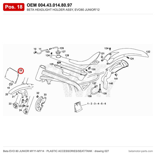 BETA HEADLIGHT HOLDER ASSY, EVO80 JUNIOR'12 – OEM 004.43.014.80.97, position 18 on the Beta EVO 80 JUNIOR MY11-MY14 plastic accessories/seat/tank drawing
