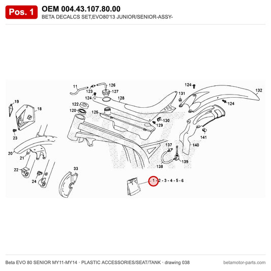 BETA DECALCS SET,EVO80'13 JUNIOR/SENIOR-ASSY- – OEM 004.43.107.80.00, position 1 on the Beta EVO 80 SENIOR MY11-MY14 plastic accessories/seat/tank drawing