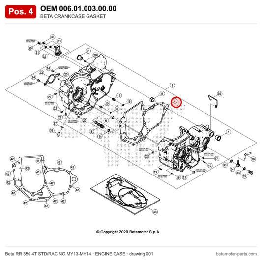 BETA CRANKCASE GASKET – OEM 006.01.003.00.00, position 4 on the Beta RR 350 4T STD/RACING MY13-MY14 engine case drawing