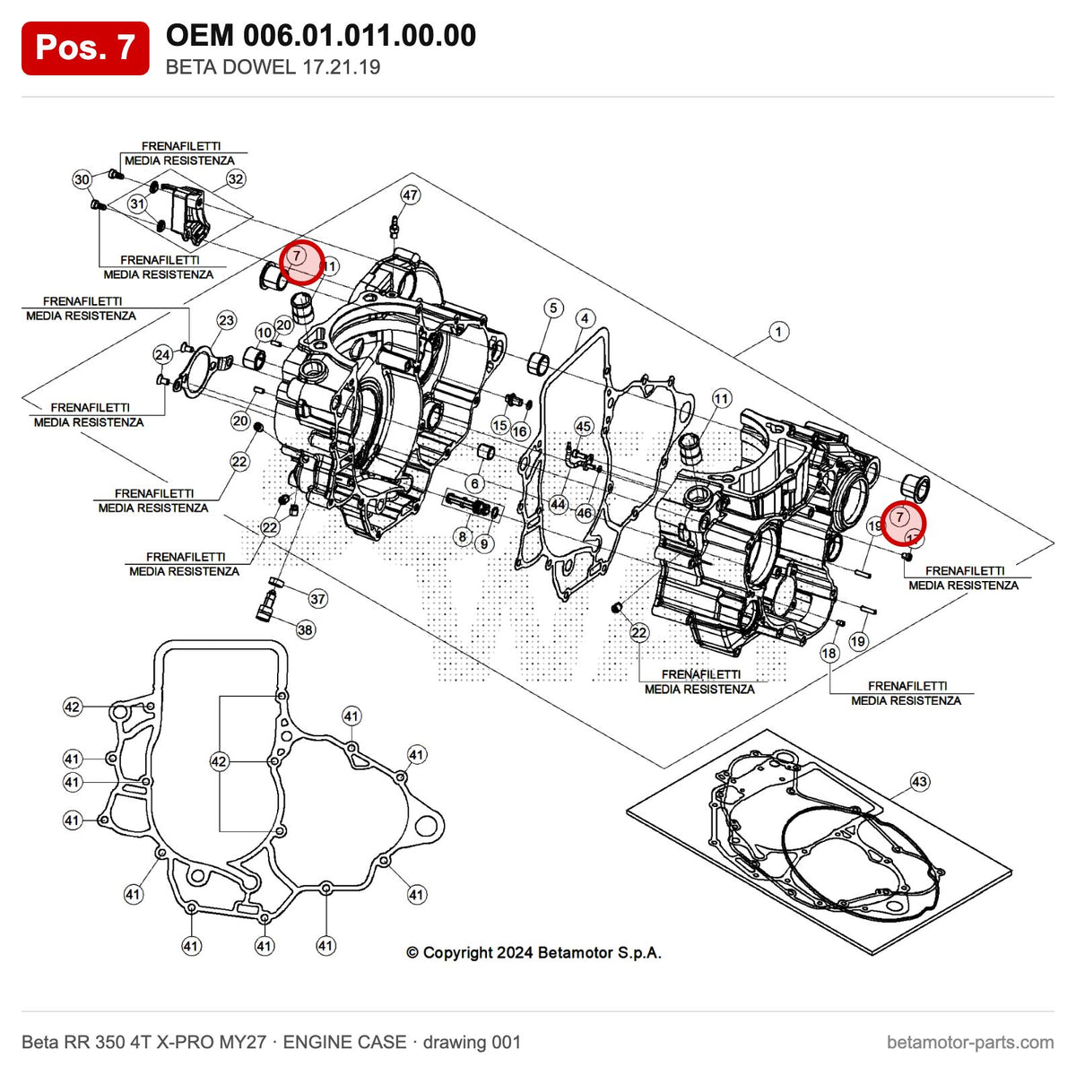 BETA DOWEL 17.21.19 – OEM 006.01.011.00.00, position 7 on the Beta RR 350 4T X-PRO MY27 engine case drawing