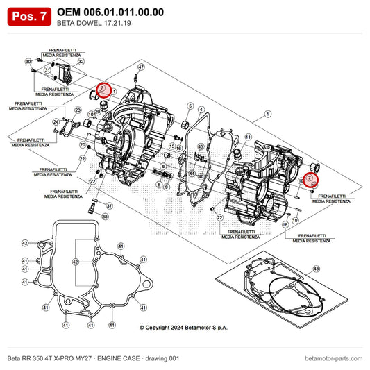 BETA DOWEL 17.21.19 – OEM 006.01.011.00.00, position 7 on the Beta RR 350 4T X-PRO MY27 engine case drawing