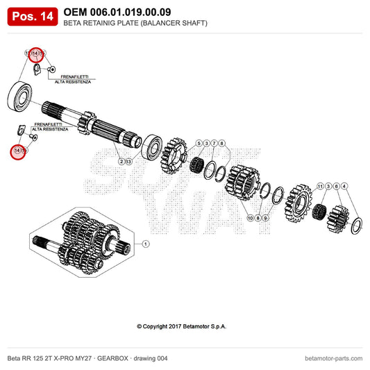 BETA RETAINIG PLATE (BALANCER SHAFT) – OEM 006.01.019.00.09, position 14 on the Beta RR 125 2T X-PRO MY27 gearbox drawing