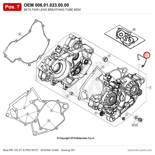 BETA FAIR LEAD BREATHING TUBE MEM – OEM 006.01.023.00.00, position 7 on the Beta RR 125 2T X-PRO MY27 engine case drawing